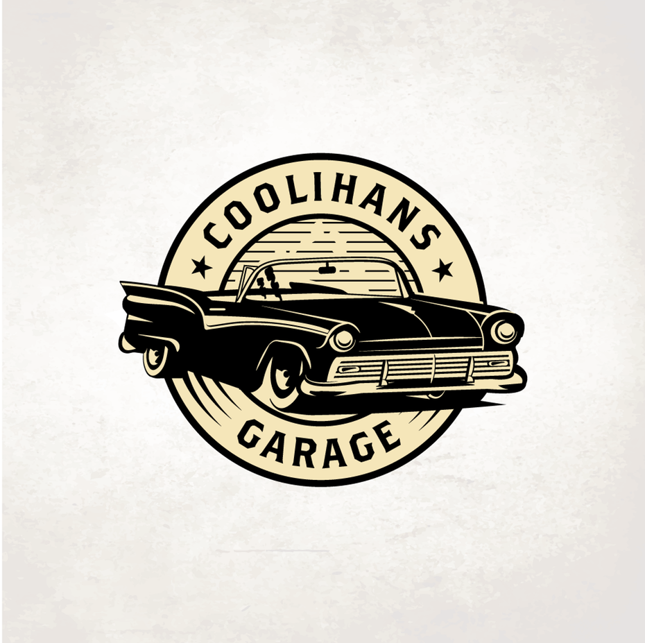 round vintage-style  logo  showing a retro car