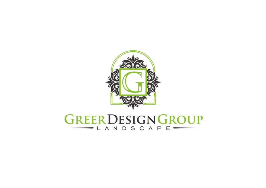 intricate green and gray shapes surrounding the letter G with the text “Greer Design Group Landscaping”