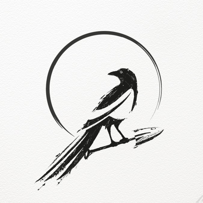 round, black  logo  showing a raven sitting on a spade with the text “Maggie Spade”