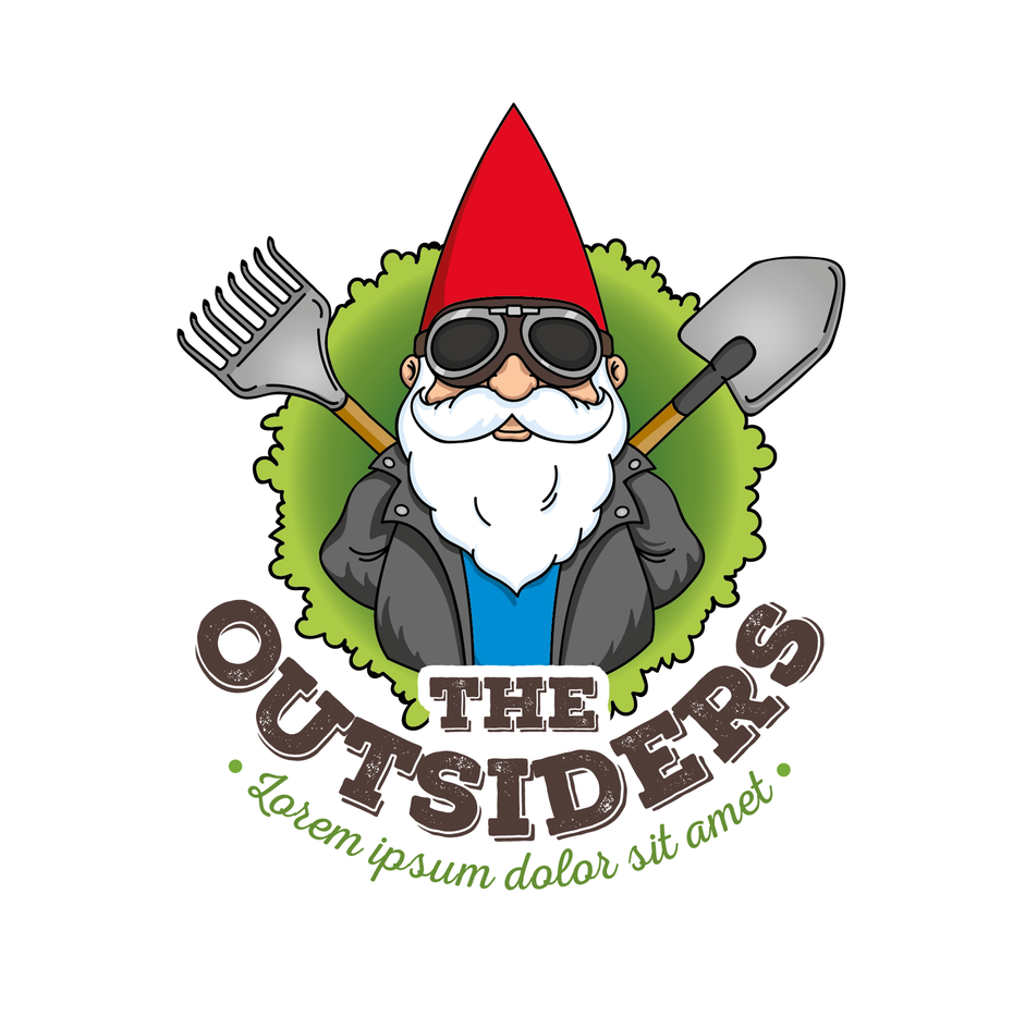 garden gnome wearing sunglasses and holding a shovel and a rake behind his back with the text “The Outsiders”