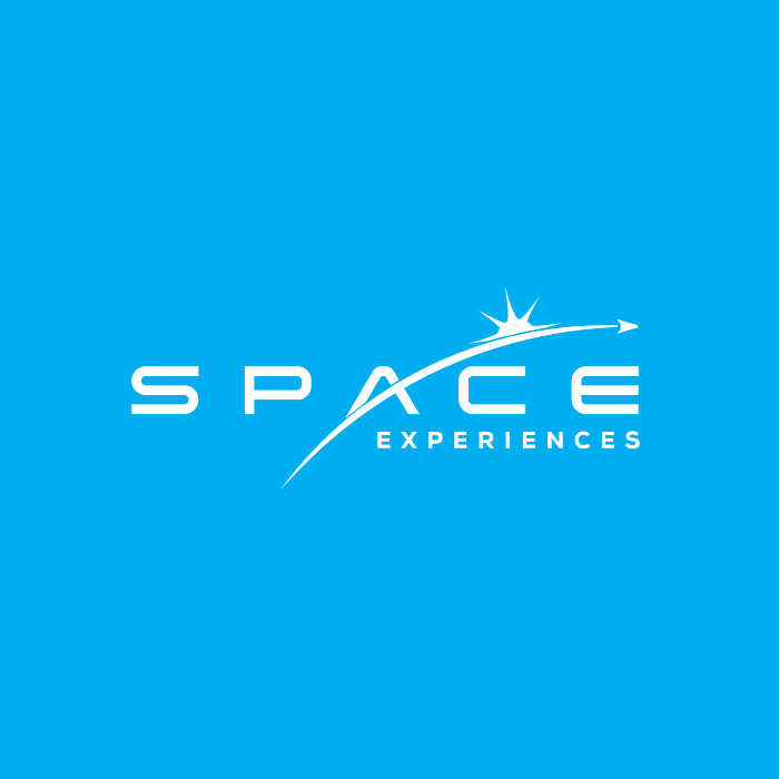 the text “space experiences” with a curved line shooting across a sunburst