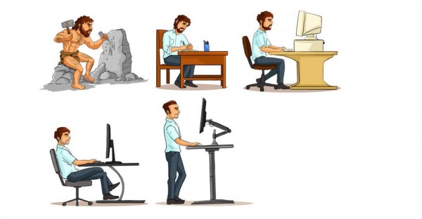 An illustration showing evolution within an office, from caveman to modern day